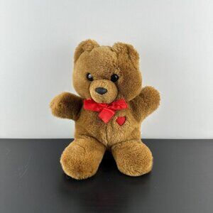1985 Dakin Brown Teddy Bear Heart Throb Red Bow Plush Stuffed Animal 9.5”